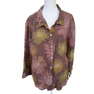 Fresh Produce Linen Floral Button Down Shirt‎ Brown Pink Yellow Made in USA M